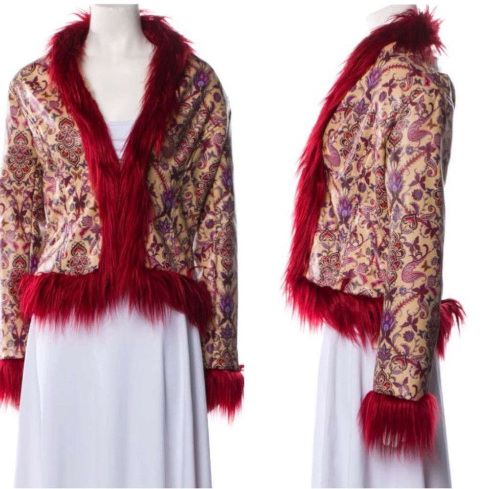 I.AM.GIA Leto Jacket in Tan Paisley 70’s look Red Faux Fur Trim/ Penny Lane
